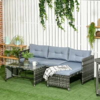 Outsunny Salotto da Giardino con Divanetto, Chaise Longue e Tavolino in Rattan PE con Cuscini, Grigio(m-2)