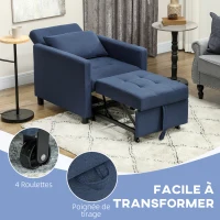 HOMCOM Fauteuil convertible 1 place avec dossier inclinable à 3 positions, coussin, siège rembourré et accoudoirs, bleu(m-6)