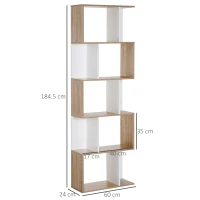 HOMCOM Bookcase, S-Shaped Wooden Bookshelf, 5/6 Tiers Freestanding Storage Shelf, Home Office Decorative Display Stand Rack, Oak and White, 24D x 60W x 184.5H(m-3)
