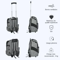 PawHut Sac de transport à roulettes pour chien 2 en 1 trolley chariot sac à dos pour chien chat avec poignée téléscopique, sacs de rangement, aérations, attache de sécurité, 42 x 25 x 55 cm, gris(m-7)