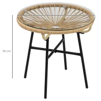 Outsunny Rattan Side Table, Round Outdoor Coffee Table, with Round PE Rattan and Tempered Glass Tabletop for Patio, Garden, Balcony, Beige(m-3)
