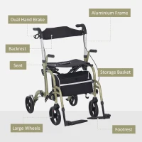 HOMCOM Rollator Walker Wheelchair, with Brakes and Bag - Yellow/Green(m-8)