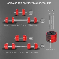 HOMCOM Set 2 in 1 Bilanciere e Manubri Pesi da 20kg, Dischi con Rivestimento in Plastica Antigraffio, Rosso e Nero(m-8)