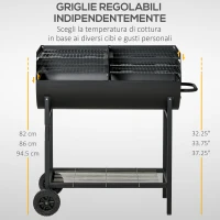 Outsunny Barbecue in Acciaio con 2 Griglie Indipendenti, 2 Ruote e Ripiano Inferiore | Nero | 90cm x 45cm x 96cm(m-4)