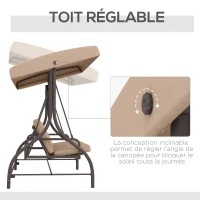 Outsunny Balancelle de jardin convertible 3 places grand confort avec coussins toit réglable métal polyester kaki(m-5)