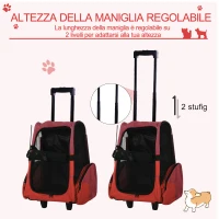 PawHut Trasportino Zaino 2 in 1 per Cani e Gatti con Tasche Laterali, Maniglia Telescopica e Ruote, 42x25x55cm, Rosso(m-5)