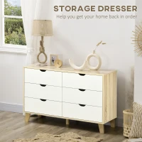 HOMCOM Bedroom Chest of Drawers, Wide 6-Drawer Dresser, Storage Drawer Unit with Wood Legs for Living Room, White and Light Brown(m-4)