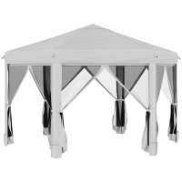 Outsunny 3.2m Pop Up Gazebo Hexagonal Canopy Tent Outdoor Sun Protection with Mesh Sidewalls, Handy Bag, Light Grey(m-1)