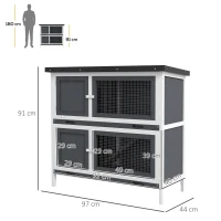 PawHut Conigliera a 2 Livelli in Lego di Abete e Bitume con Rampa, 2 Vassoi Estraibili 4 Porte, 97x44x91 cm, Grigio(m-3)