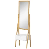 HOMCOM Specchio da Terra con Cassetto, in MDF e Bambù, 45x30x160 cm, Bianco e Color Legno(m-10)