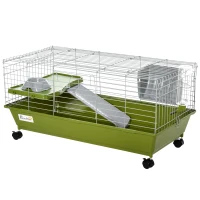 PawHut Small Animal Cage Rabbit Guinea Pigs Chinchillas Cage w/ Wheels Water Bottle Food Dish Platform Ramp 89 x 44 x 43 cm Green(m-11)