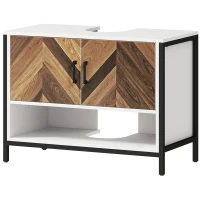 HOMCOM Under Sink Bathroom Cabinet, Rustic Under Sink Cabinet with Herringbone Doors and Open Compartment for Basin with or without Pedestal, 80 x 40 x 60cm, Cream White(m-11)