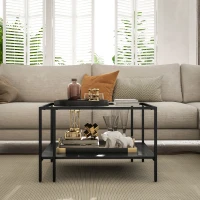 HOMCOM Table basse carrée 2 niveaux avec plateau en verre trempé, 1 étagère, design minimaliste, 73l x 73P x 46,5H cm, noir(m-8)