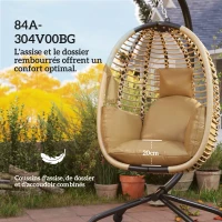 Outsunny Fauteuil œuf suspendu balancelle pliante avec coussin et support usage intérieur extérieur 110 x 100 x 188 cm beige(m-6)