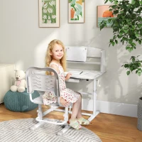 ZONEKIZ Height Adjustable Kids Study Table and Chair Set, with Drawer, Storage Shelf, 80 x 54.5 x 104 cm, Grey(m-2)