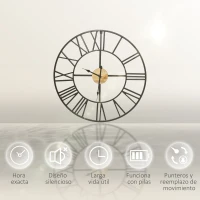 HOMCOM Reloj de Pared Silencioso de Ø60cm Reloj de Pared de Metal y Madera con Números Romanos sin Tictac Estilo Vintage(m-6)