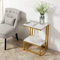 HOMCOM Table basse moderne salon table d'appoint chambre guéridon bout de canapé design structure acier doré plateau étagère aspect marbre blanc(m-4)