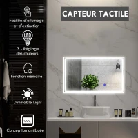 kleankin Miroir de salle de bain rectangulaire mural lumineux LED horizontal ou vertical, 100 x 60 cm(m-4)