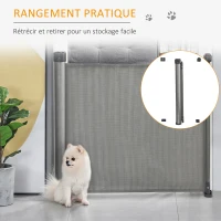 PawHut Barrière animaux rétractable automatique barrière de sécurité enroulable pour escaliers barrière extensible opération à une main dim. 1,4L x 0,88H m aluminium maille PVC gris(m-5)