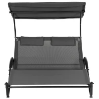 Outsunny Chaise longue bain de soleil transat avec auvent oreiller et roulettes en acier et polyester gris foncé(m-8)