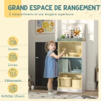 AIYAPLAY Meuble rangement enfant, rangement jouet enfant avec porte en tableau noir, 3 casiers et plateau supérieur, blanc(m-5)