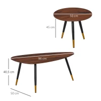 HOMCOM Lot de 2 Tables Basses gigognes Style Art déco Pieds effilés inclinés métal Noir extrémités doré Plateaux MDF Aspect Teck foncé(m-3)