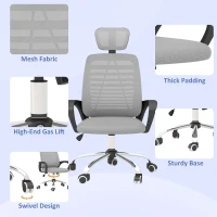 Vinsetto Ergonomic Office Chair, Mesh Desk Chair with Rotatable Headrest, Lumbar Back Support, Armrest, Grey(m-7)