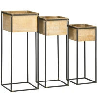Outsunny Lot de 3 cache-pots carrés pour plantes fleurs sur pied en métal et bois - 3 hauteurs différentes naturel et noir(m-8)