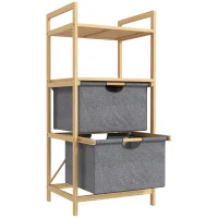 HOMCOM Panier à linge en bambou corbeille à linge sale avec 2 sacs en tissu coulissants et étagères ouvertes, naturel(m-11)