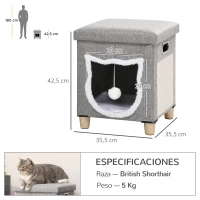 PawHut 2 en 1 Reposapiés Cama para Gatos con Cojín Extraíble Bola Colgante y Almohadilla para Rascar 35,5x35,5x42,5 cm Gris(m-3)