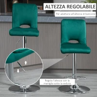 HOMCOM Set 2 Sgabelli da Bar Moderni e Girevoli con Schienale Alto e Poggiapiedi, Sgabelli da Cucina Imbottiti con Altezza Regolabile in Tessuto Verde, 41x51x97-117cm(m-5)
