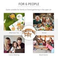 Outsunny 6 Seater Wooden Picnic Table and Garden Benches Set, Round Garden Dining Set with 3 Benches and Umbrella Hole Outdoor Garden Park, Brownish Red(m-7)