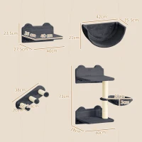 PawHut 4PCs Wall-Mounted Cat Shelves w/ Scratching Post, Hammock, Nest - Dark Grey(m-3)