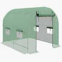 Outsunny Walk-In Garden Polytunnel Greenhouse with Steel Frame, PE Cover, Roll-Up Door and 4 Windows, 2.5 x 2m, Green(m-10)