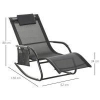 Outsunny Outdoor Garden Rocking Chair, Patio Sun Lounger Rocker Chair with Breathable Mesh Fabric, Removable Headrest Pillow, Armrest, Side Storage Bag, Black(m-3)