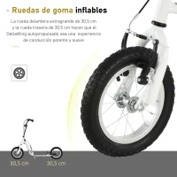 HOMCOM Patinete para Niños Mayores de 5 Años Scooter 2 Neumáticos Inflables de Caucho con Frenos Manillar Ajustable Pedal Antideslizante 120x58x85-95 cm Blanco(m-5)