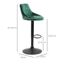 HOMCOM Set 2 Sgabelli da Bar, Altezza Regolabile con Base in Metallo e Seduta in Velluto, Sgabelli Moderni con Schienale e Poggiapiedi, 46x48x83-104 cm, Verde(m-3)
