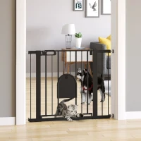 PawHut Dog Gate with Cat Flap Pet Safety Gate Barrier, Stair Pressure Fit, Auto Close, Double Locking, for Doorways, Hallways, 75-103 cm Black(m-2)