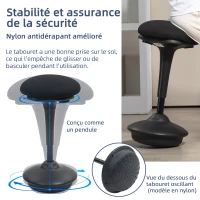 HOMCOM Tabouret de bureau debout tabouret ergonomique siège bascule à 360° large socle 36 x 36 x 70-90 cm noir(m-7)