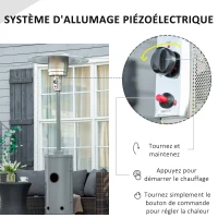 Outsunny Parasol Chauffant 12,5 KW Chauffage d'extérieur gaz Chauffage de terrasse - Double sécurité - Puissance réglable - roulettes - détendeur et tuyau de gaz fournis Acier INOX. Gris(m-6)