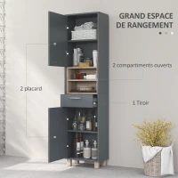 HOMCOM Colonne salle de bain, meuble salle de bain rangement avec 2 placards, tiroir et 2 compartiments ouverts, gris(m-4)