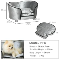 PawHut Dog Sofa Pet Chair, Kitten Bed Couch w/ Wooden Frame, Removable Cushion - Silver-Tone and Grey(m-3)