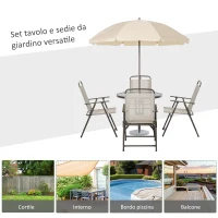 Outsunny 6 pz Set Mobili da Giardino in Tubi d'Acciaio,   Tavolo da Giardino con Sedie e Ombrellone, Crema(m-7)