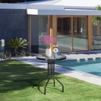 Outsunny Bistro Coffee Table Outdoor Tempered Glass Top Table Garden Round Dining Table - 60cm Diameter(m-7)