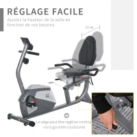 HOMCOM Vélo d'appartement semi-allongé vélo couché magnétique écran LCD multifonction siège réglable 8 niveaux de résistance(m-5)