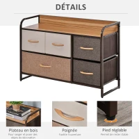HOMCOM Commode Meuble de Rangement 5 tiroirs en Tissu 87,5 x 29 x 58 cm Marron et Beige(m-7)