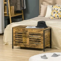 HOMCOM Industrial Storage Bench, Lift Top Storage Chest, Shoe Bench, Toy Box Organizer with Lid & Louvred Cabinet, for Bedroom, Entryway, Living Room, Rustic Brown(m-10)