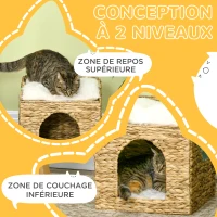 PawHut Niche pour chat 2 niveaux avec 2 coussins en jacinthe d'eau - 37,5 x 37,5 x 41,5 cm marron crème(m-5)
