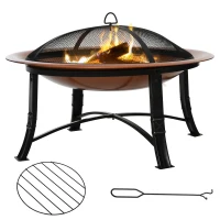 Outsunny 76cm Metal Large Firepit Bowl Outdoor Round Fire Pit w/ Lid, Log Grate, Poker for Backyard, Camping, Picnic, Bonfire, Wood Burning Stove, Bronze(m-11)