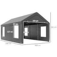Outsunny Carport tente de garage 3 x 6 m avec parois latérales amovibles, 2 portes enroulables et 4 fenêtres, gris foncé(m-3)